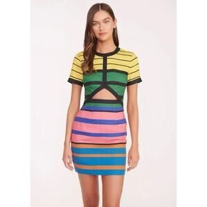 STAUD Perla Striped Mini Dress 100% Linen Cut Out Short Sleeve in Formentera